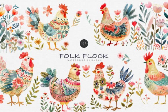 Charming Folk Art: The Watercolor Chicken Clipart Set
