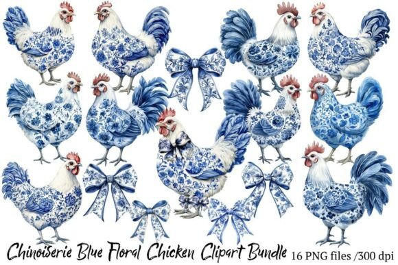 Chinoiserie Blue Floral Chicken Clipart: A Designer's Delight