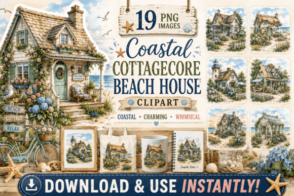 Coastal Cottagecore Beach House Clipart: Your Watercolor Toolkit