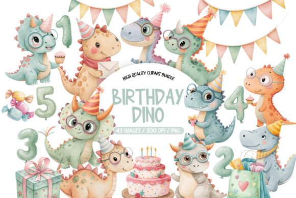 Cute Birthday Dino Clipart Set: Playful Party Designs
