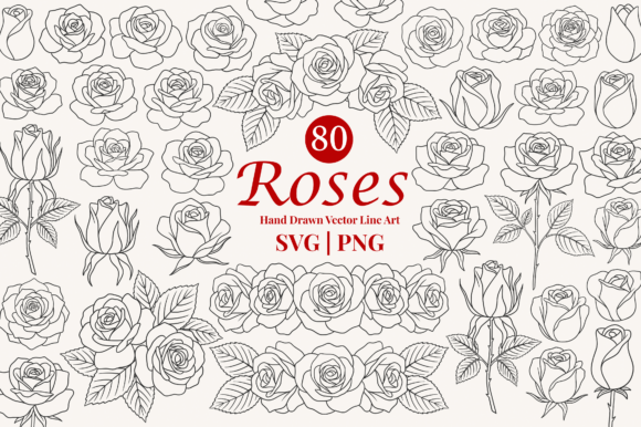 Rose Flower Line Art: 80 Vector Illustrations for Elegant Design
