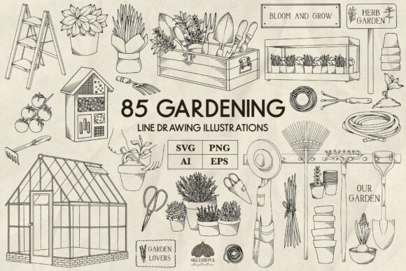 Unearthing the Gardening Line Art Collection: 85 Hand-Drawn Illustrations for Every Creative Project