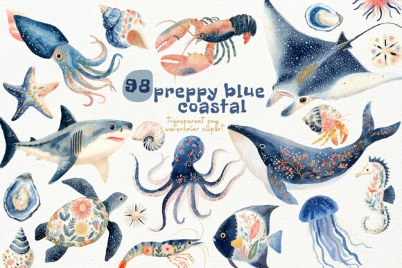 Watercolor Blue Coastal PNG Clipart: 98 Designs for Summer Projects