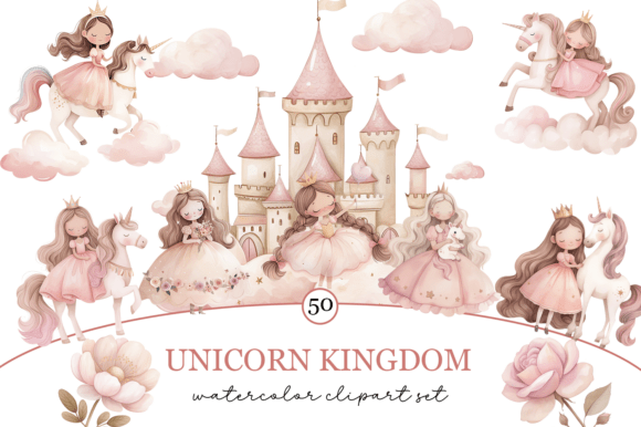 Watercolor Pink Princess and Unicorn: A Fairytale Design Bundle