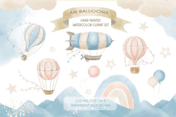 Whimsical Design with Hot Air Balloons Watercolor Clipart