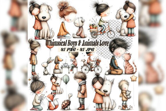 Whimsical Girl & Dog Love Clipart: A Sweet Design Asset