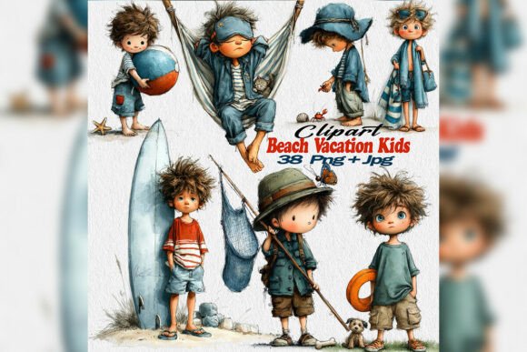 Whimsical Summer Boys Beach Clipart for Creative Projects